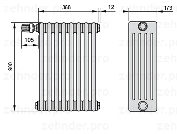 Схема (чертеж) Радиатор Zehnder Charleston 5090/8 №V012 Белый глянцевый RAL 9016